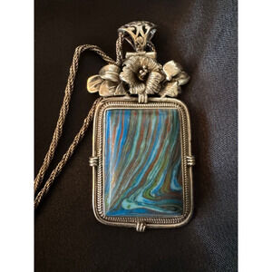 Rainbow Calsilica Sterling Silver Floral Necklace Pendant Art Nouveau 28 grams